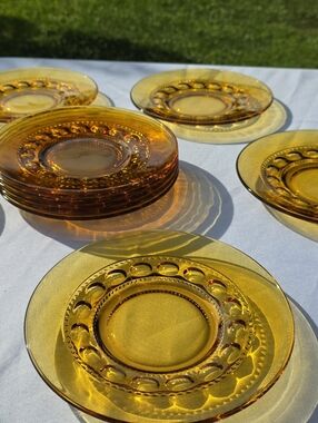Set of 4 Kings Crown Thumbprint Amber Glass Salad Plates 8.25”